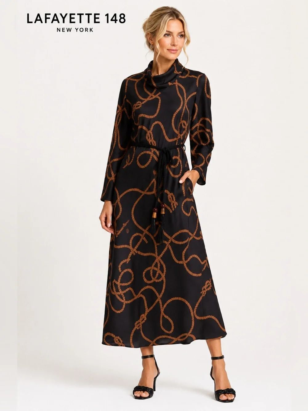 Lafayette 148 New York $1698 100% Silk Rope Print Belted Maxi Dress S